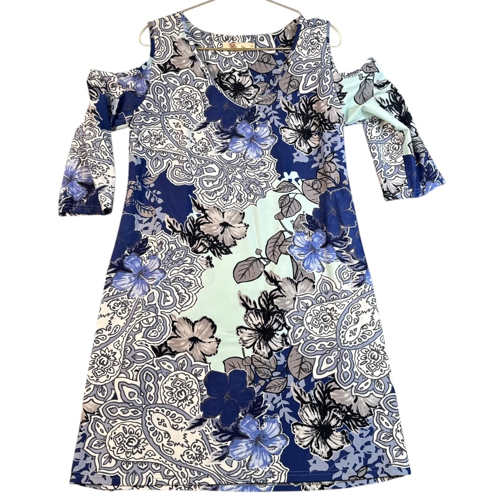 Aryeh Blue Floral Paisley Cold Shoulder V-Neck Shift Dress Womens Large L 646